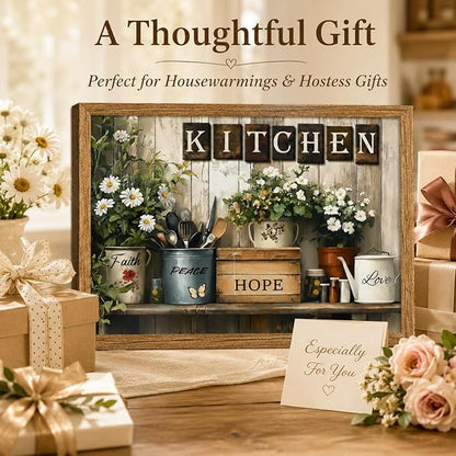 Framed Rustic Kitchen Wall Art Inspirational Kitchen Painting Picture Decor Country Daisy Poster Print Artwork for Restaurant Home Decoration