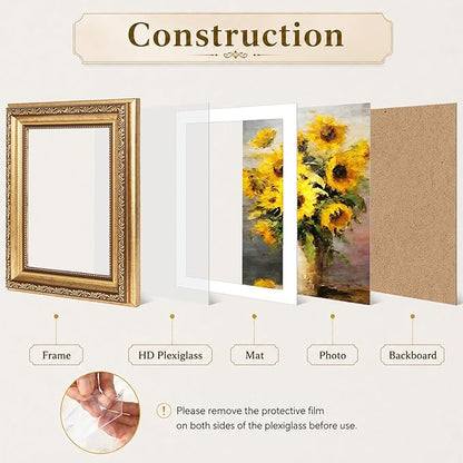JCJMY 5x7 Vintage Picture Frame with 4x6 Mat Set of 2, Elegant Retro 5 by 7 Photo Frame with Shatter-Resistant Plexiglass for Wall or Tabletop Display, Gallery Decor & Gift, Gold, 2 Pack