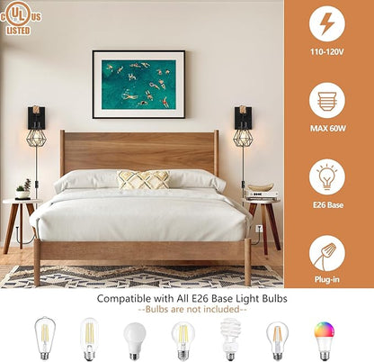 Lomoky Plug in Wall Sconces Set of Two, Vintage Wood Wall Lamps with Plug in Cord, Farmhouse Wall Light Fixture with 5.25FT On/Off Switch Cord, Indoor Sconces Lighting for Bedroom Living Room