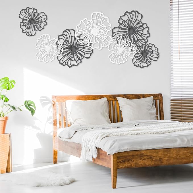 7 Piece Metal Wall Decor for Living Room, Boho Double Layered Iron Flower Wall Hanging Art, Aesthetic Indoor Metal Wall Sculpture Decor for Bedroom Kitchen Bathroom Farmhouse Home Office, Black-White