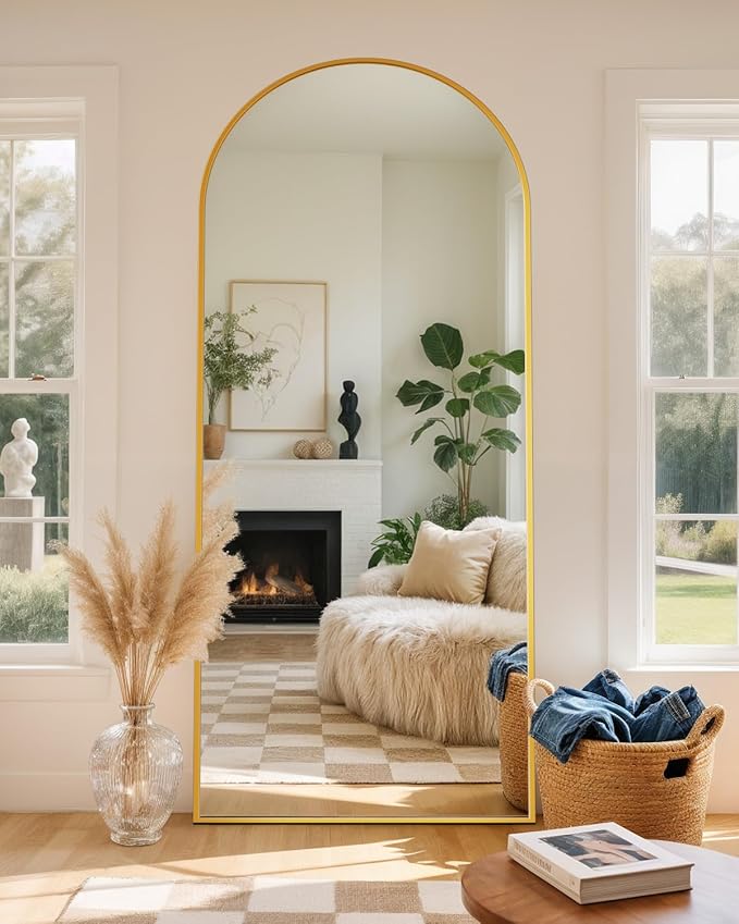 Full Length Mirror with Stand, 71"x26" Arched Full Body Mirror, Large Stand Up Mirrors, Aluminum Frame Floor Standing Mirrors, Freestanding Hanging Leaning Mounted for Bedroom Living Room, Gold