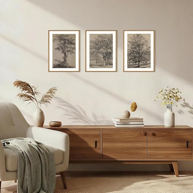 KAIRNE Vintage Tree Sketch Framed Canvas Wall Art Set, Antique Tree Drawings Wall Decor, Retro Forest Art Prints, Modern Nature Landscape Artwork for Living Room, Bedroom, Farmhouse, Office-12 x16 x3
