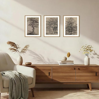 KAIRNE Vintage Tree Sketch Framed Canvas Wall Art Set, Antique Tree Drawings Wall Decor, Retro Forest Art Prints, Modern Nature Landscape Artwork for Living Room, Bedroom, Farmhouse, Office-12 x16 x3