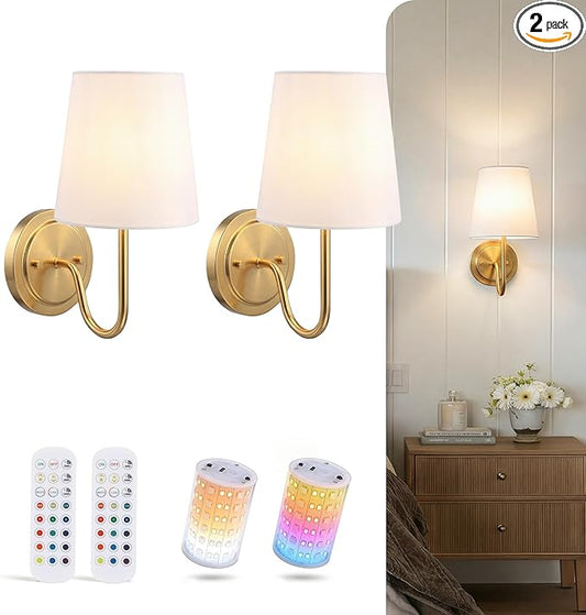 CLOUDY BAY 10000mAh Battery Operated Wall Sconces,Up to 100 Hours with Rechargeable RGB Dimmable Magnetic Bulb,Cordless Wall Lighting Fixtures with Remote for Bedroom,Soft Gold,2 Pack-12inch