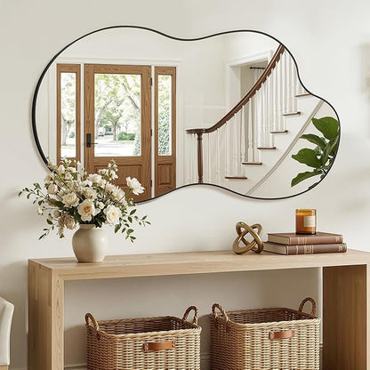 Irregular Wall Mirror, 26"x48" Asymmetrical Mirror with Metal Frame, Modern Unique Decorative Mirrors for Bathroom, Wall Decor, Entryway, Living Room, Black