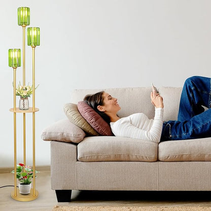 HMVPL Gold Floor Lamp for Living Room, Vintage Floor Lamp with Wood Shelf, Mid Century Standing Lamp with Table, Modern Tall Lamp with Green Crystal Shade, On/Off Switch, Boho Corner Lamp for Bedroom