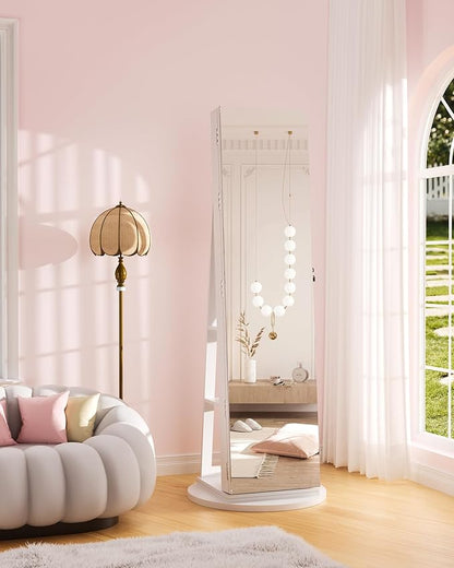 6 LEDs Jewelry Armoire with Frameless Full-Length Mirror, 360° Swivel Jewelry Cabinet Standing with 3 Back Shelves, Jewelry Organizer with Storage Lockable for Women Gift, White