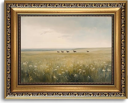 WZGZXU Vintage Gold Framed Wall Art Horse Canvas Art Wild Horses In Field Pictures Wall Decor Farmhouse Prints Country Paintings Landscape Artwork For Living Room Bedroom Gallery 8x10in