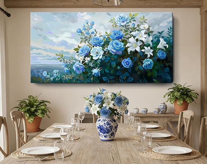 NiceTop 48x24 Inch Large Floral Canvas Wall Art, Waterproof Moisture Resistant Blue Rose White Lily Modern Botanical Artwork with Hanging Kit, Abstract Aesthetic Wrapped Canvas Print for Living Room, Bedroom, Bathroom, Boho Farmhouse Home Decor