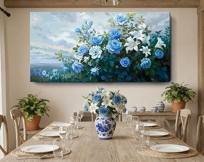 NiceTop 48x24 Inch Large Floral Canvas Wall Art, Waterproof Moisture Resistant Blue Rose White Lily Modern Botanical Artwork with Hanging Kit, Abstract Aesthetic Wrapped Canvas Print for Living Room, Bedroom, Bathroom, Boho Farmhouse Home Decor