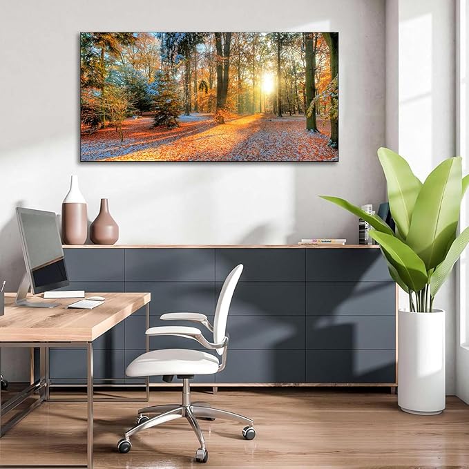Bamdeya Living Room Wall Art Decor Forest Canvas Print Autumn Poster Sunset Tree Picture Modern Panel Natural Landscape Painting Fall Scenery Artwork for Bedroom Kitchen Office Home Wall Decor
