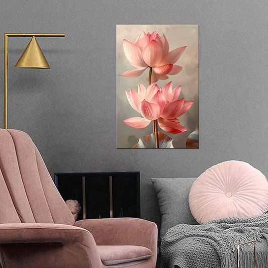 Lotus Wall Art Flowers Pictures Pink Bathroom Decor Modern Spring Floral Paintings Canvas Prints Artwork for Living Room Bedroom Home Decoration Framed