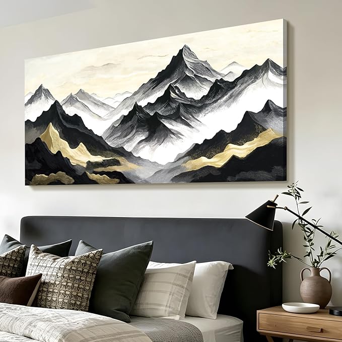 Oversized Black White And Gold Modern Abstract Landscape Wall Art For The Living Room; Canvas Print Of Natural Mountain; A Casual And Elegant Artwork Suitable For Bedrooms, Dining Rooms, Offices, And Galleries. 58X29 Inch