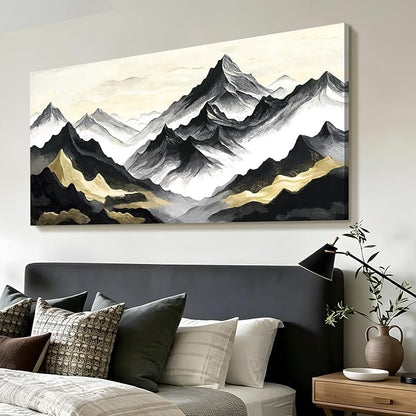 Oversized Black White And Gold Modern Abstract Landscape Wall Art For The Living Room; Canvas Print Of Natural Mountain; A Casual And Elegant Artwork Suitable For Bedrooms, Dining Rooms, Offices, And Galleries. 58X29 Inch