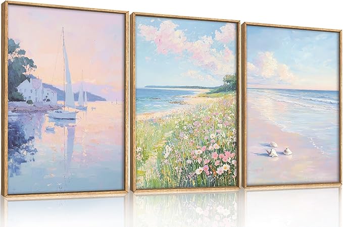 Aryroi Pink Beach Dreamy Coastal Framed Canvas Wall Art Set,Watercolor Colorful Floral Sailboat Seascape Wall Decor,Soft Preppy Pastel Wildflower Artwork for Living Room,Farmhouse- 16"x24"x3