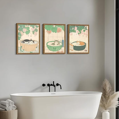 Japanese Cat Bathroom Wall Art Set of 3, Funny Cat in Bathtub Canvas Wall Decor Paintings, Vintage Japandi Cute Animal Aesthetic Poster Prints Pictures for Restroom Bathroom 16x24 Inch Framed