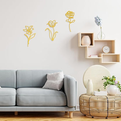 Oubasa 3 Pieces Metal Flowers Wall Arts Decor, Rustic Farmhouse Metal Wall Ornament Art Gold Minimalist Floral Decor for Bathroom Kitchen Bedroom Living Room, 6x10 Inches - Housewarming Gifts