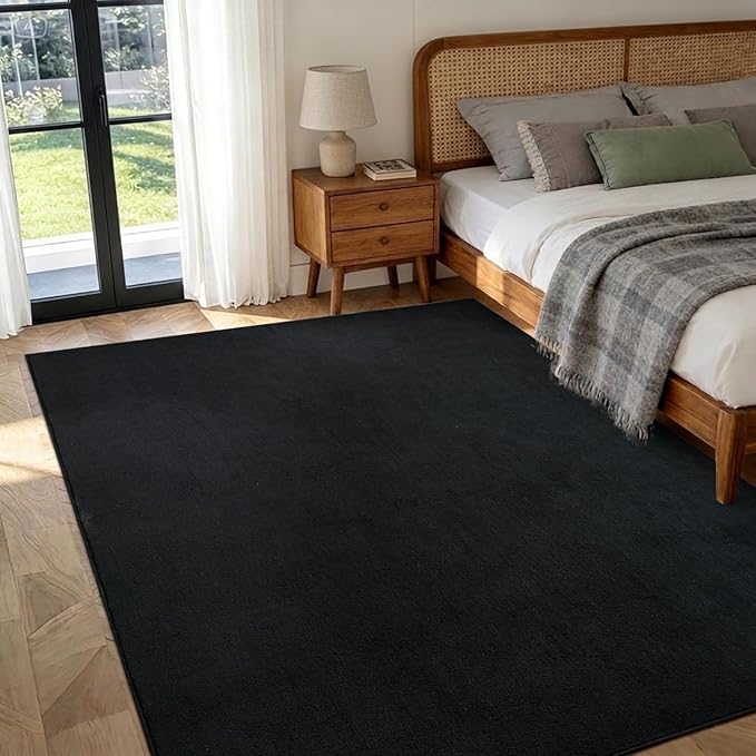 FinRèc 4x6 Washable Area Rugs for Bedroom Living Room, Low Pile Thin Rug Solid Color, Non-Slip Carpet Indoor for Home Decor (Pure Black)