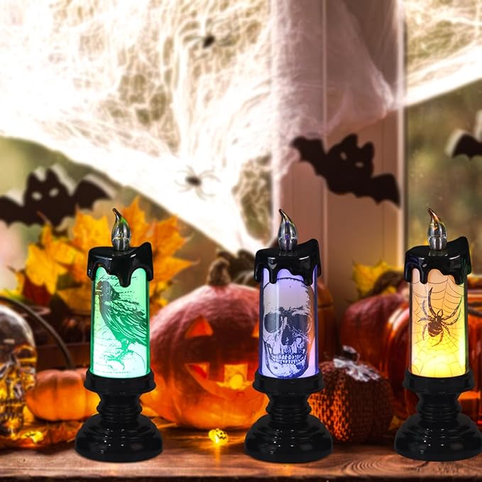 Halloween Flameless Flickering Candle Lights with Remote Timer, Battery Operated LED Candle Lamp Spooky Skull Crow Spider Decals and Lights Indoor Decor(3 Pack, 2.8" D x 7.8" H)