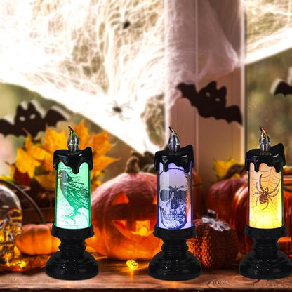 Halloween Flameless Flickering Candle Lights with Remote Timer, Battery Operated LED Candle Lamp Spooky Skull Crow Spider Decals and Lights Indoor Decor(3 Pack, 2.8" D x 7.8" H)