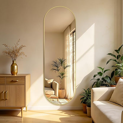 Oval Full Length Mirror, 60"×19" Wall-Mounted Mirror with Gold Frame in Shiny Gold, Ultra-Clear Explosion-Proof Dressing Mirror, Simple & Classic Deco for Cloakroom/Bedroom/Living Room