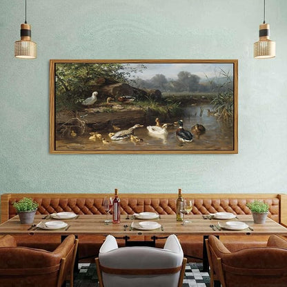 Framed Vintage Animal Wall Art Countryside Duck Wall Decor Rustic Duck Scenic Picture Canvas Prints Painting Abstract Nature Funny Poster Artwork for Living Room Bedroom Office Home Decorations 30x57.8"