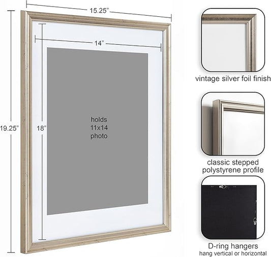 Kate and Laurel Adlynn Wall Picture Frame Set, 14" x 18" matted to 11" x 14", Warm Silver, Set of 3