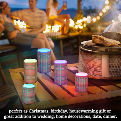 ALAZA Holiday Red Green Buffalo Tartan Plaid Flickering Flameless Candles Battery Operated with Remote Timer,Tea Light Candles LED Pillar Votive Candles Set of 2 for Outdoor Indoor Decorations