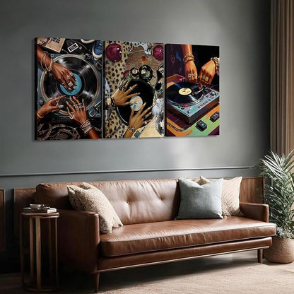 3Pcs Framed Hip-Hop Dj Wall Art Disc Players Canvas Printed Records Bedroom Prints Living Room Galleries Music Studio Posters Vintage Urban Art Aesthetic Decoration