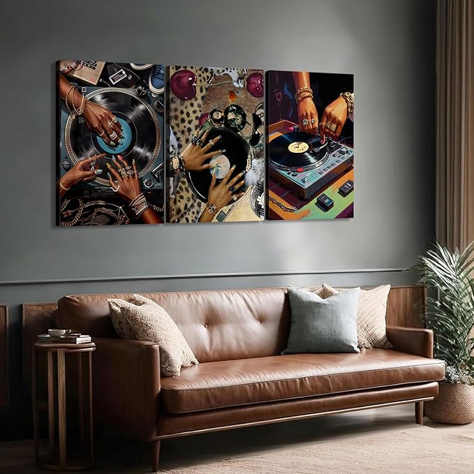 3Pcs Framed Hip-Hop Dj Wall Art Disc Players Canvas Printed Records Bedroom Prints Living Room Galleries Music Studio Posters Vintage Urban Art Aesthetic Decoration