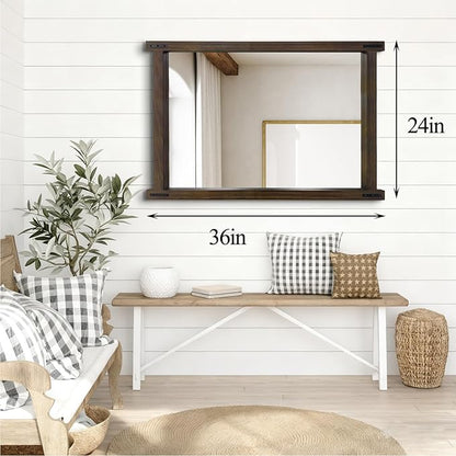 Rustic Wood Bathroom Mirror 36"x24" Farmhouse Wall Hanging Vanity Mirror Decorative Wall Mounted Mirrors for Bedroom Entryway Living Room