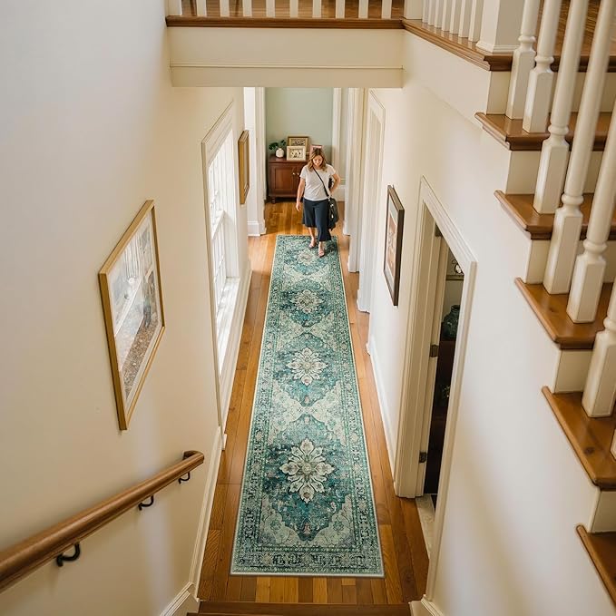 RELEANY Area Rugs 2'x10' Runner Rug Non Slip Washable for Kitchen Hallway Bedroom Beside Laundry Room Bathroom Rug, Floor Carpet, Dark Blue Vintage
