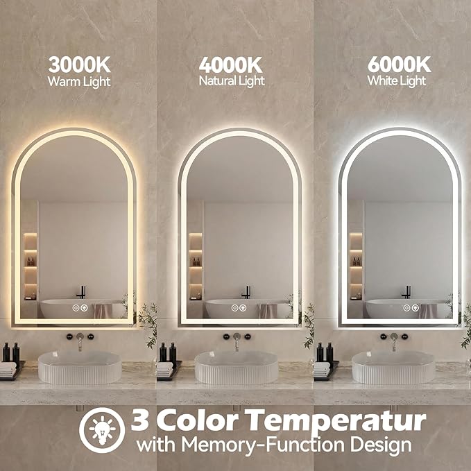 DUMOS 24"×32" LED Bathroom Mirror with Lights, Arched Vanity Mirror with Anti-Fog, Dimmable, 3-Color Light, Memory Function, Front Light and Backlit, Tempered Glass