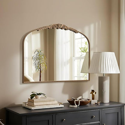 Besdomus Gold Vintage Vanity Mirror: 24"x 32" French Baroque Arched Mirror - Traditional Ornate Antique for Dresser/Mantel/Bedroom/Entryway/Bathroom/Hallway - Home Decor for Living Room