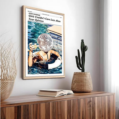 Wood Framed Disco Ball Head Girl Wall Art, Funny Newspaper Style Poster Print, Vintage Aesthetic Pool Party Canvas Painting, Trendy Feminist Quote Wall Decor for Bedroom Living Room Dorm 12x16 inch