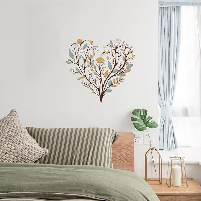 Hnatzu Colorful Flower Metal Wall Art – Vibrant Heart Shaped Floral Decor with Greenery – Boho Chic Printed Wall Decor for Living Room, Bedroom