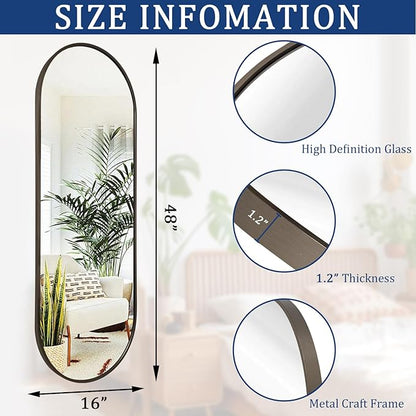 Oval Bathroom Full Length Mirror, Large 48x16'' Pill Shaped Oblong Vanity Wall Mirror, Metal Framed Aluminum Frame Decor Mirror for Living Room Vanity Bedroom Entryway Coffee