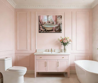 Frimeeme Pink Bathroom Wall Decor, Pink Roses Bathtub Print, Luxury Floral Bathroom Decor, 12x16 Inches