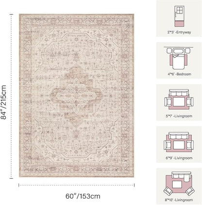 Rugxara 5x7 Soft Pink Washable Area Rug for Living Room & Bedroom, for Girls Women, Non Slip, Durable Low Pile Carpet, Vintage Carpets for Office, Dining Room, Kids Room and Farmhouse