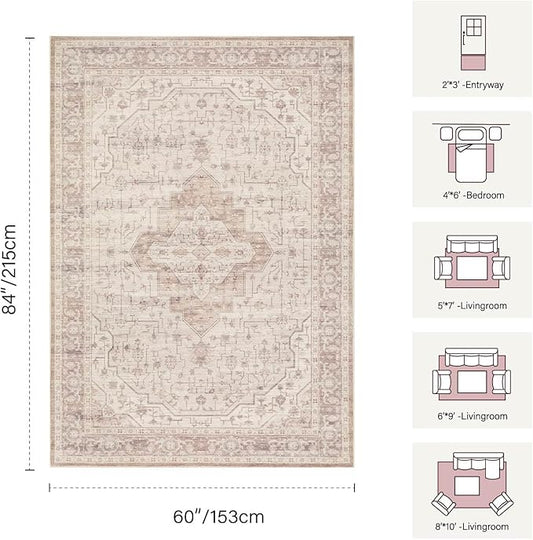 Rugxara 5x7 Soft Pink Washable Area Rug for Living Room & Bedroom, for Girls Women, Non Slip, Durable Low Pile Carpet, Vintage Carpets for Office, Dining Room, Kids Room and Farmhouse