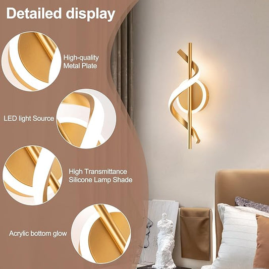 EIDISUNY LED Wall Sconces Indoor, 12W LED Wall Mount Lights, Modern Spiral Wall Lamp, 3000K Wall Light Fixture for Stairs, Living Room, Bedroom, Aisle, Hallway (Warm White, Gold)
