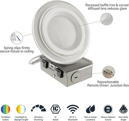 HALO 4 in Dual Zone Smart Wi-Fi Canless LED Ceiling Light Fixture 4-Pack Connected by WiZ Pro, Dimmable, Full Color, SpaceSense Motion Detection - RLWZDZC4-4PK