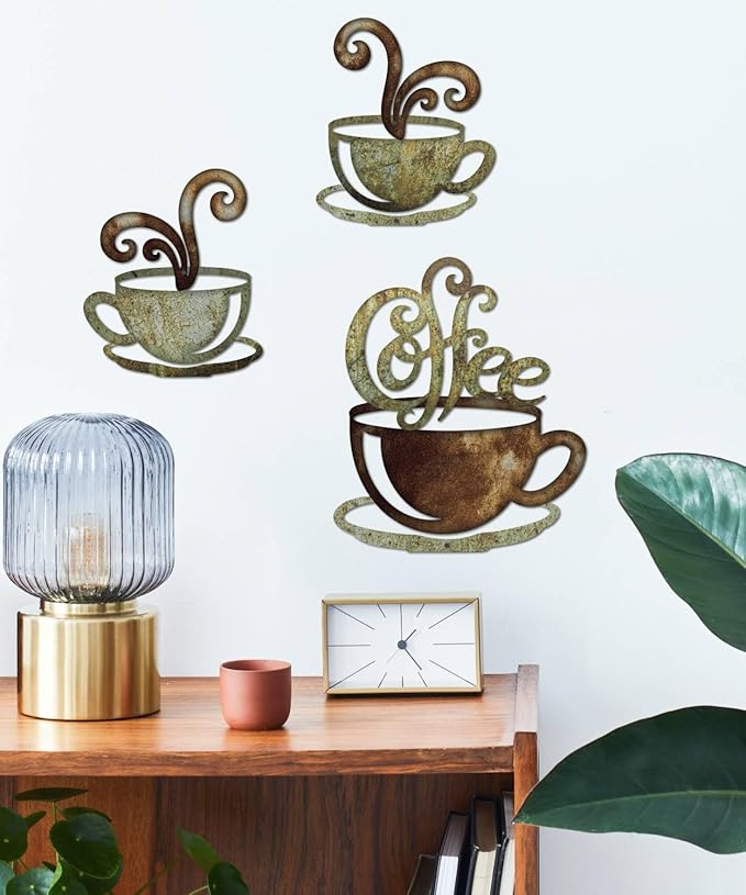 Putuo Decor Rustic Coffee Cup Metal Wall Decor, Vintage Coffee Bar Kitchen Wall Art, Set of 3 Farmhouse Bar Accessories Hanging for Dining Room Cafe Bakery