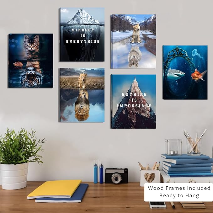 FRAMED Mindset is Everything Wall Art, Motivational Wall Art Poster Inspirational Success Quote for Home Gym and Office Wall Decor (Ready to Hang, Set of 6, 8X10in, Framed)