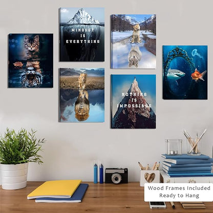 FRAMED Mindset is Everything Wall Art, Motivational Wall Art Poster Inspirational Success Quote for Home Gym and Office Wall Decor (Ready to Hang, Set of 6, 8X10in, Framed)