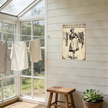 Retro Women Wall Decor Sweet Face Kind Heart Twisted Sense Of Humor Metal Tin Sign Farmhouse Rustic Art Plaque Rustic Laundry Decor 12x8 Inch