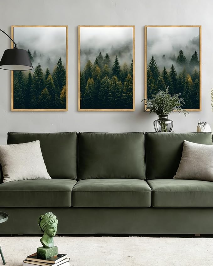 Drsoum Fog Pine Tree Landscape Wall Art Framed Nature Misty Nordic Forests Prints Morden Farmhouse Rustic Artwork Hallway Bathroom Ready to Hang 16x24in Natural Framed