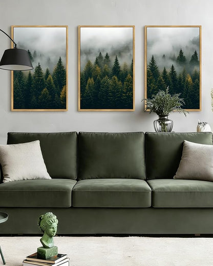 Drsoum Fog Pine Tree Landscape Wall Art Framed Nature Misty Nordic Forests Prints Morden Farmhouse Rustic Artwork Hallway Bathroom Ready to Hang 16x24in Natural Framed