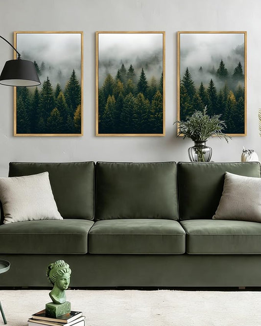 Drsoum Fog Pine Tree Landscape Wall Art Framed Nature Misty Nordic Forests Prints Morden Farmhouse Rustic Artwork Hallway Bathroom Ready to Hang 16x24in Natural Framed