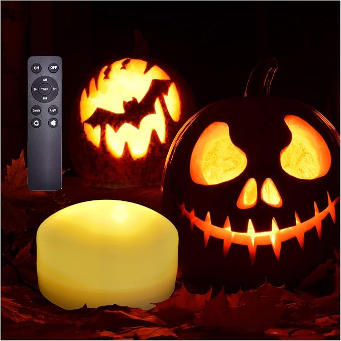 1 Pack Halloween Pumpkin Light with Remote and Timer Big Battery Operated LED Decorative Bright Flickering Flameless Candle Set Bulk for Jack-O-Lantern Décor Party Home Christmas Decorations, White